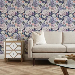 Hydrangea Bouquet Wallpaper in Soft Pastels on Navy