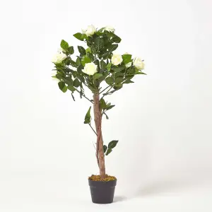 Homescapes White Potted Rose Tree Artificial Plant with lifelike green leaves and single trunk, 90 cm