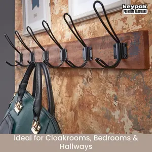 keypak Rustic Wall Mounted Coat Rack, Vintage Double Wire Coat Hooks on Wooden Base, Fixings Included (6 Hooks, Antique Finish)