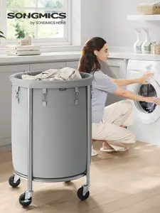 SONGMICS Laundry Basket On Wheels, Laundry Trolley 110L, Round Laundry Hamper With Steel Frame And Removable Bag, Grey And Silver