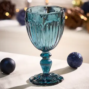 Set of 2 Luxury Embossed Blue Drinking Wine Glass Wine Goblets 280ml