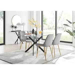 Lenworth Glass Rectangular Dining Table Set with 4 Luxury Velvet Chairs Grey/Gold / Black