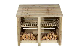 Slatted wooden log store with kindling shelf W-146cm, H-126cm, D-88cm - natural (light green) finish