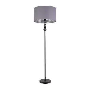 ValueLights Marissa Matt Black Stacked Ball Floor Lamp with Grey/Chrome Shade