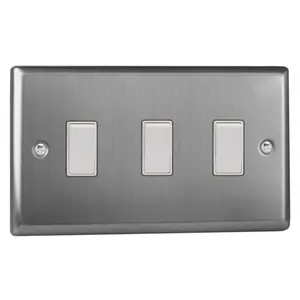 Varilight 3-Gang 10A 1- or 2-Way Rocker Switch (Twin Plate) Brushed Steel