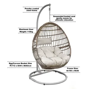 Dellonda Rattan Outdoor Garden Hanging Swing Egg Chair & Cushions, Steel Frame