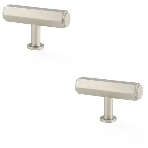 2 PACK - Industrial Hex T Bar Cabinet Door Knob - 55mm x 38mm - Satin Nickel Pull Handle