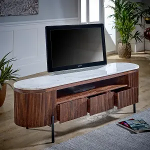 Ancient Mango Wood Large Tv Stand With Marble Top & Metal Legs