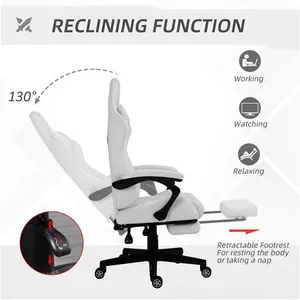 Vinsetto Racing Gaming Chair With Swivel Wheel, Footrest, PU Leather Recliner Gamer Desk For Home Office, White