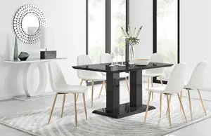 Imperia Black High Gloss 6 Seater Dining Table with Structural 2 Plinth Column Legs 6 White Faux Leather Gold Leg Corona Chairs