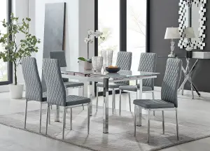 Enna White Glass Extending Dining Table and 6 Grey Milan Chairs