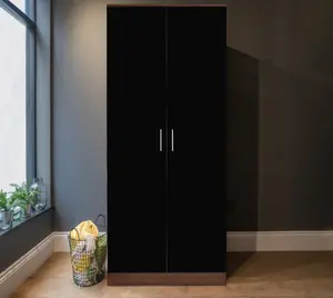 REFLECT 2 Door Plain Wardrobe in Gloss Black Door Fronts and Walnut Carcass