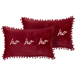 Set of 2 Cushions MOCHI Velvet 30 x 50 cm Text Embroidery Red