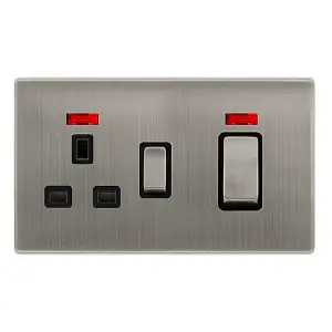 Stainless Steel Screwless Plate Cooker Control Ingot 45A With 13A Switched Plug Socket & 2 Neons - Black Trim - SE Home