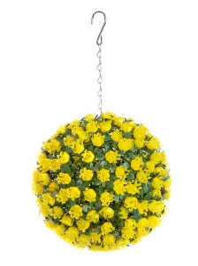 Pair of Best Artificial 23cm Yellow Rose Hanging Basket Flower Topiary Ball - Suitable for Outdoor Use - Weather & Fade Resistant