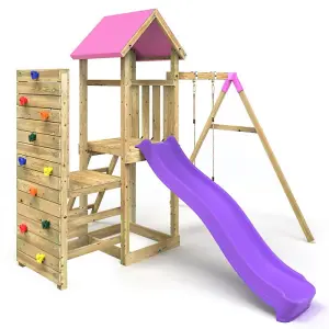 Rebo Wooden Climbing Frame with Vertical Rock Wall, Swing Set and Slide - Rushmore+ Pink