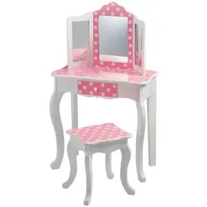 Teamson Kids Dressing Table, Play Vanity Set with Mirror & Stool - Pink/White/Polka Dots