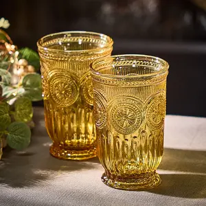 Set of 2 Luxury Embossed Yellow Tall Drinking Glass Tumblers 330ml