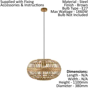 Hanging Ceiling Pendant Light Round Wicker Shade 1x 60W E27 Hallway Feature