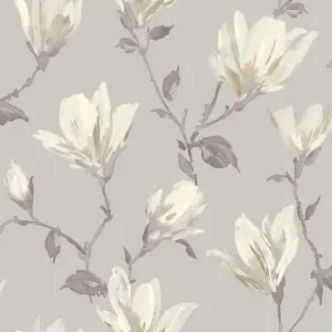 GoodHome Leuzea Grey Floral Smooth Wallpaper Sample