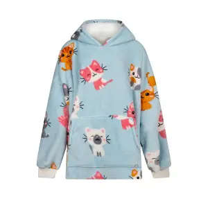 Urban Unique Kitties Sherpa Fleece Hoodie Blanket/Throw Blue Oversized