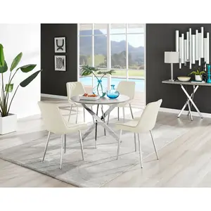 Tierra Modern Chrome Metal & Glass Round Dining Table Set with 4 Luxury Velvet Dining Chairs Silver / Cream/Silver / 75 x 100 x 100cm