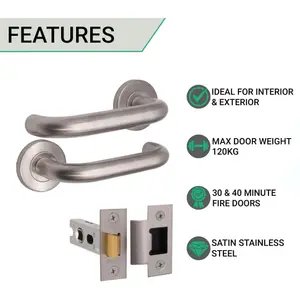 AFIT Satin Stainless Steel Return To Door Lever on Rose Handle & Latch Kit 76mm Latch