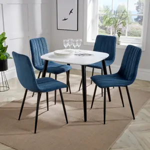 Core Products Aspen White 80cm Square Dining Table with 4 Blue Cord Fabric Diamond Stitch Design Chairs