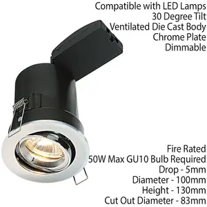 FIRE RATED GU10 Lamp Ceiling Down Light Chrome PUSH FIT FAST FIX Adjustable Tilt