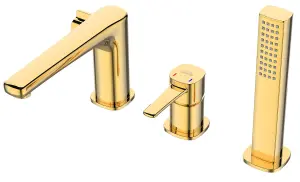 Gold 3-Hole Bath Tap Pull Out Shower Handle Space Saving Bathroom Mixer Faucet