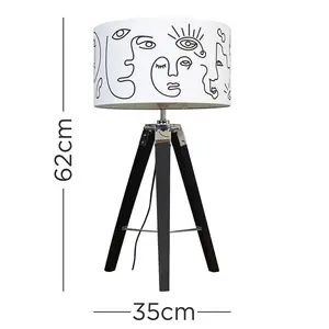 Margaree Black Wood & Chrome Tripod Table Lamp With Large Art Design Drum Shade & GLS 3000K ES E27 LED Bulb No