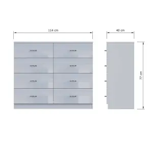 Grey Gloss 8 Drawer Chest Of Drawers 4+4 Bedroom Furniture