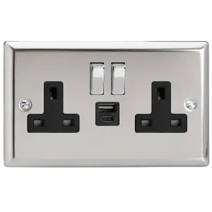 Varilight 2-Gang 13A Single Pole Switched Socket with 1x USB A & 1x USB C Charging Ports Chrome