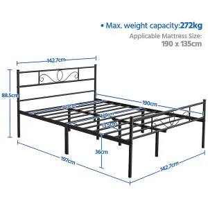 Yaheetech Black 4ft6 Double Metal Bed Frame with Scroll Design Headboard and Footboard