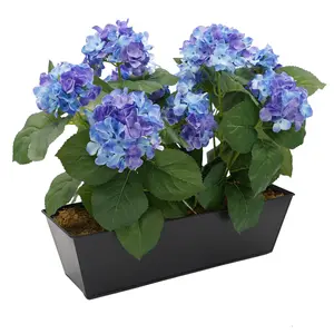 GreenBrokers Artificial Blue Hydrangea Flower in Black Tin Window Box (45cm)