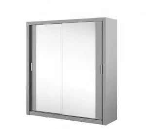 Sleek Mirrored Sliding Door Wardrobe with Shelves and Hanging Rail in Grey  - Comprehensive Storage H2150mm x W2000mm x D600mm