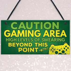 Red Ocean Caution Gaming Area Novelty Gamer Accessories Gift For Son Brother DAD Man Cave Boys Room Bedroom Door Sign Decor