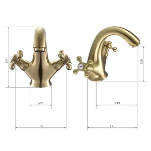 BATHWEST Victorian Polished  Brass Basin Mixer Taps  Cross Handle Bathroom Sink Taps Gold Faucet