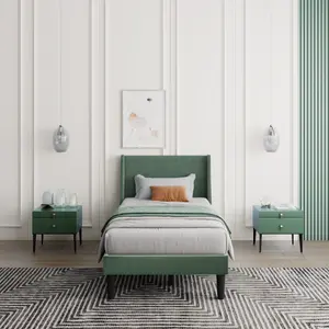 Velvet Upholstered 3FT Single Bed Frame with Winged Headboard and Wood Slat Green Bed