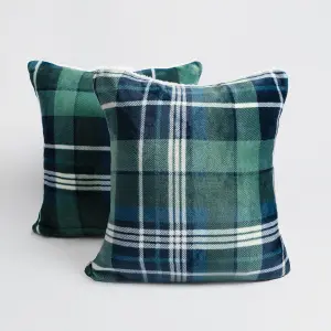 Tartan Check Cushion Covers 2 Pack Case Flannel Fleece Set, 45 x 45cm - Green