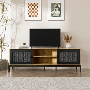 Oak and Rattan Effect TV  Stand Unit Cabinet with Double Doors