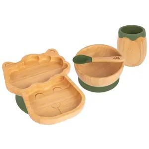 Tiny Dining 4pc Llama Bamboo Suction Baby Feeding Set - Olive Green