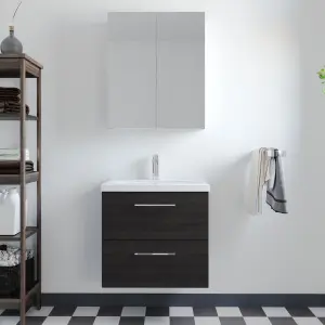 Level Wall Hung 2 Drawer Vanity Unit with Mid-Edge Ceramic Basin, 600mm - Woodgrain Charcoal Black - Balterley