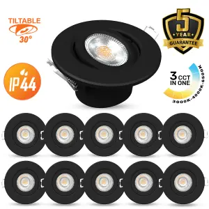 paul russells LED Downlight Black Tilt Recessed Ceiling Spotlight  4.8W 440 Lumens, IP44, Colour Changeable CCT3 Pack of 10