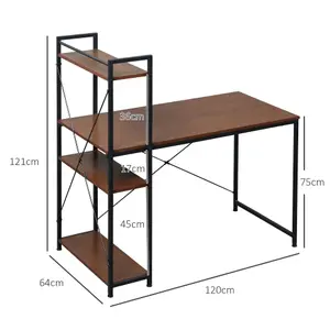 HOMCOM Computer Desk Laptop Table w/4-tier Bookshelf Metal Frame Walnut, Black