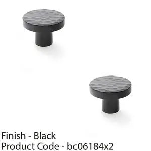 2 PACK - Slim Hammered Door Knob - Matt Black 38mm Round Cupboard Cabinet Pull Handle