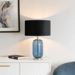 ValueLights Leigh Navy Blue Glass and Gold Detail Table Lamp with Black Velvet Drum Shade Light - LED Bulb Included