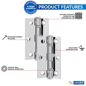 XFORT 3 inch (75mm) Polished Chrome Ball Bearing Hinges, Steel Door Hinge for Wooden Doors (2 Pairs)