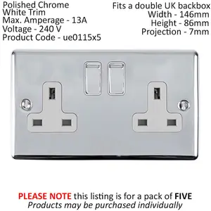 5 PACK 2 Gang Double UK Plug Socket POLISHED CHROME 13A Switched White Trim