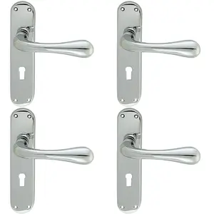 4 PACK - Rounded Flaired Latch & Lock Door Handle - Polished Chrome Lever on Backplate